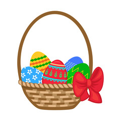 Easter basket with decorative eggs colorful vector illustration, isolated on white background, design element for greeting card, banner, traditional Easter decoration.