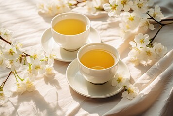 Enhancing the kitchen ambiance, a glass of tea with fresh jasmine flowers offers both visual and aromatic delight.
