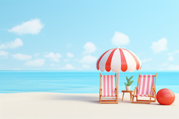 3d red beach Chair, red Umbrella and Ball, Time to travel concept.