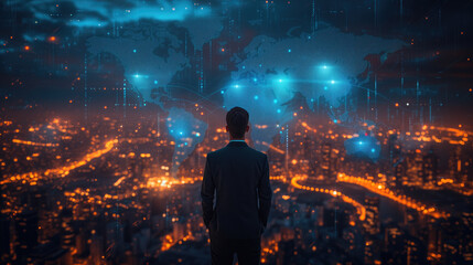 Businessman working with floating data world map visualization screen