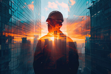 The double exposure image of engineer wearing a helmet and sunrise overlay with cityscape image, The concept of engineering