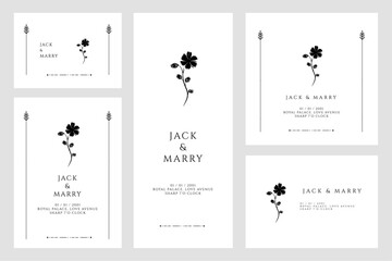 Wedding Card Invitation, daisy flower, hand drawn, minimal, retro classical style design template