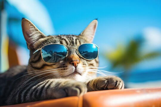 Cute cat in sunglasses lying on the sunbed on the beach