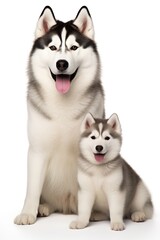 portrait of two cute siberian huskies on isolated background