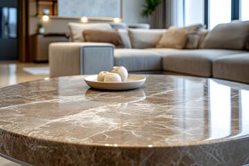 Round marble Table for Stylish Product Presentation with apartment interior