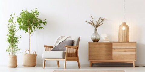 Scandinavian living room with modern wooden commode, stylish lamps, plants, rattan basket, sculpture, elegant personal accessories, and mock-up paintings on the white wall.