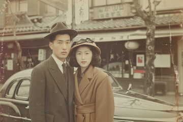 祖父と祖母の昔の写真。架空の昭和の写真。Nostalgic photos from the Showa era in Japan. A young couple, man and woman, are in front of a car, wearing hats. A fictional old photo.Generative AI