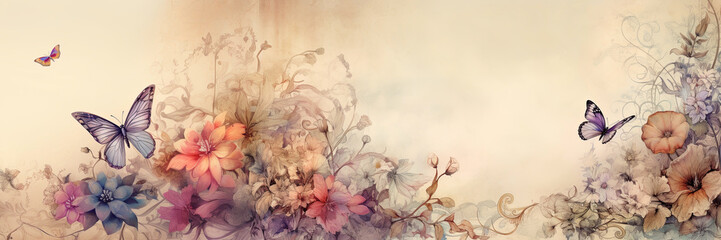 Light color background with some flowers, butterfly and plants on the edges. Nature frame. Panorama