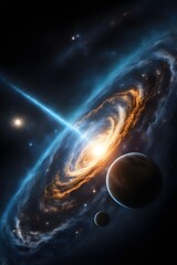 Obraz premium A galaxy in the dark beautiful sky shooting a light ray from the centre.