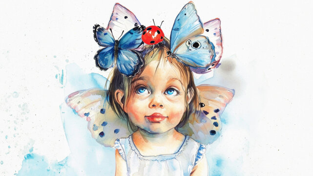 Little girl with big blue eyes and a butterfly on its head. Watercolor illustration on white background