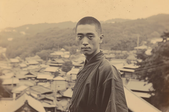 村の風景と着物を着た若者。架空の昭和の写真。Nostalgic old Japanese photos. A young man in a kimono and a village in the background. A fictional old photo.Generative AI