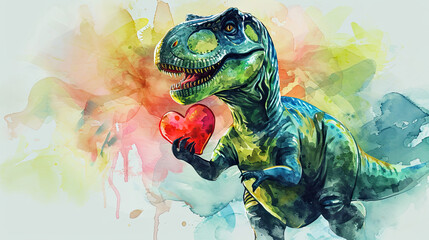 Cute romantic dinosaur baby T-rex with heart. Holiday banner. Watercolor hand drawing. Birthday greeting card