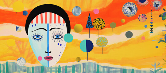 Obraz premium Mental health concept. Pop art collage. Woman head. Panorama
