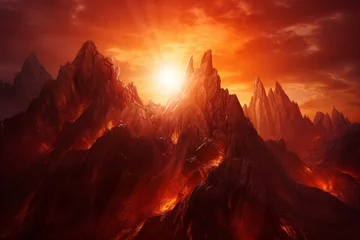 Photo sur Aluminium Rouge 2 realistics Behold breathtaking spectacle of sun's radiant ascent, painting jagged peaks with a tapestry of fiery hues and bestowing a tender luminescence upon tranquil valleys beneath