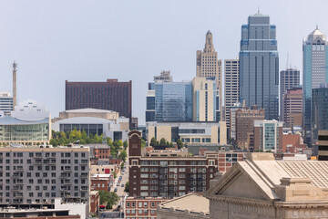 Kansas City, Missouri, USA - June 15, 2023:  Afternoon light shines on historic buildings in downtown Kansas City.