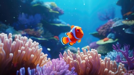 Fototapeta na wymiar Clownfish and beautiful corals under the deep sea. Generative Ai