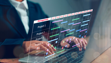 Project manager and updating tasks and milestones progress planning with Gantt chart scheduling...
