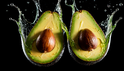 Two avocado is cut in half with a water splash on a black background..