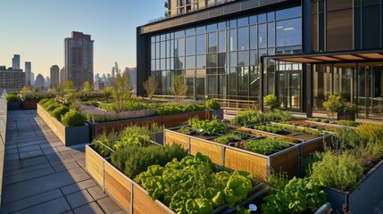 The rooftop of the office building is used as a community garden open for residents to rent plots and grow fresh produce.