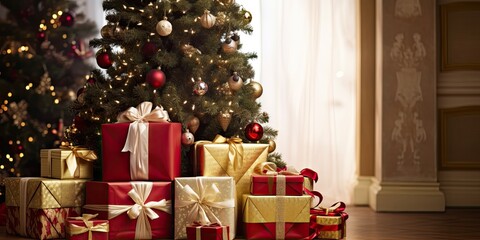 Fototapeta na wymiar Gift boxes stacked by Christmas tree