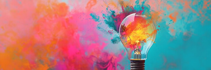 Creative light bulb explodes with colorful paint and colors. New idea, brainstorming concept. Bright banner with splashes