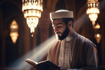 A Muslim man reading the Quran in a mosque - obrazy, fototapety, plakaty