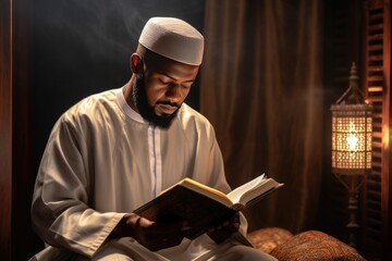 A Muslim man in a white jubba reading a book in a dimly lit room.
