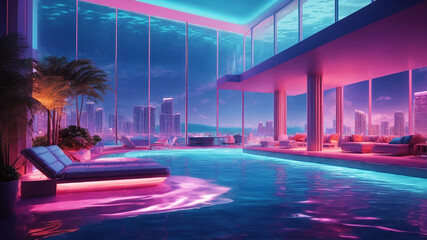 Luxury building with swimming pool in retro effects