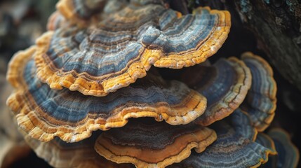 Diverse textures and colors of fungus. Trametes versicolor (Lingzhi mushroom)