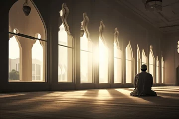 Foto op Canvas A Man Praying in a Sunlit Room © shelbys