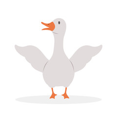 Cute farm goose. Domestic duck on white background. Agriculture bird. Village wildlife. Perfect for logo, greeting card and wrapping paper. Vector illustration in flat cartoon style.
