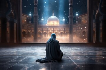A person in a hooded robe meditating in a palace courtyard with a majestic view.