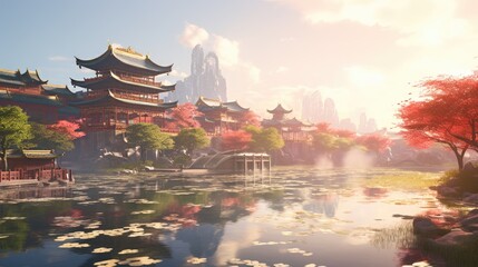 anime style background chinese asia japan china architecture, ai