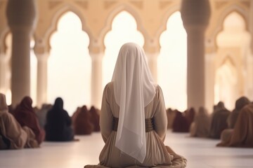 A mosque full of people witnesses a woman in a white burka praying in the middle of the room. - obrazy, fototapety, plakaty