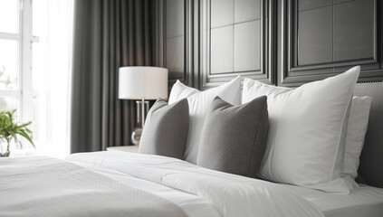 Chic Monochrome Hotel Bed with Plush Textures.
A sophisticated monochrome bedroom featuring luxurious bedding, elegant wall paneling, and tasteful decor..