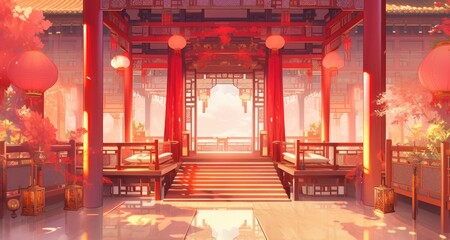 Obraz premium anime style background chinese asia japan china architecture, ai