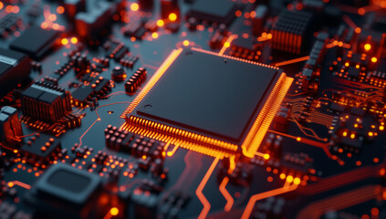 Fototapeta na wymiar Central Computer Processors and CPU mockup 3d render for quantum computing, data and graphics. Neon, blue and futuristic gpu chip design closeup for online business, microchip and science engineer