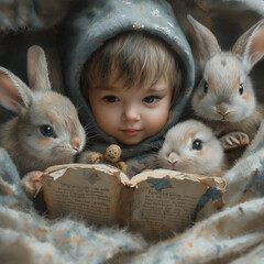 little child with bunny read story book