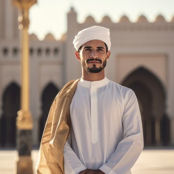 Arabic man wearing traditional clothing poses in front of a historical building
