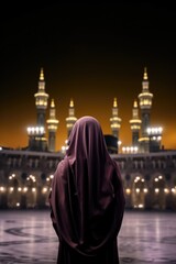 A woman in a hijab stands in front of a magnificent mosque