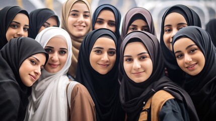 A Group of Muslim Women Wearing Headscarves Gathered Together, fictional character created by Generated AI. - obrazy, fototapety, plakaty