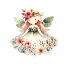 Flower fairy with a floral dress. watercolor illustration. Fairy and Flowers watercolor girls nursery resorce. white background. 
