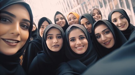 A diverse group of women wearing headscarves come together and smile for a group photo. - obrazy, fototapety, plakaty