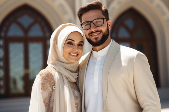 Muslim couple wearing modest clothing, standing together and smiling. Fictional character created by Generated AI.