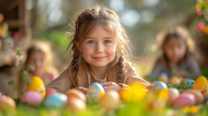 Smiling Young Girl Participating in an Outdoor Easter Egg Hunt in Springtime