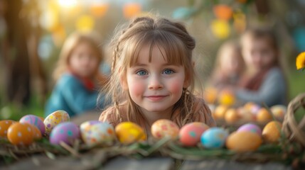 Fototapeta na wymiar Little Girl Resting Among Easter Eggs