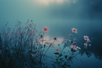 Fototapeta na wymiar Beautiful cosmos flowers on the lake with filter effect retro vintage style