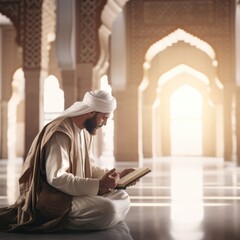 Muslim Man Reading Quran in Mosque - obrazy, fototapety, plakaty