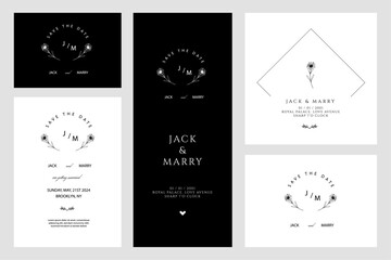 Wedding Card Invitation, daisy flower, hand drawn, minimal, retro classical style design template