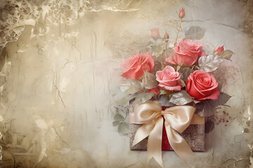 Vintage background with roses and gift box. Retro frame for Valentine's day, wedding, greeting card on scrap paper with copy space. Romantic floral banner with present on shabby grunge background.